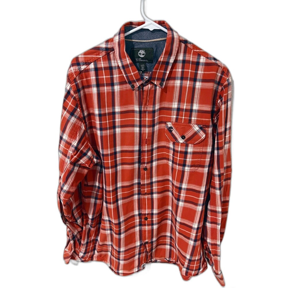 Timberland Plaid Flannel Button Down Pocket Cotton Shirt Slim Fit - Men's L